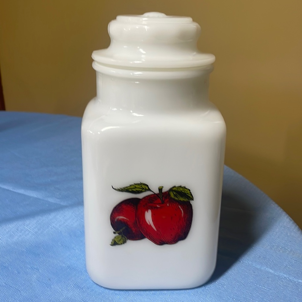 Jeanette Glass Co Milk Glass Apple Fruit Pattern Canister Jar w/Lid 9 1/2”